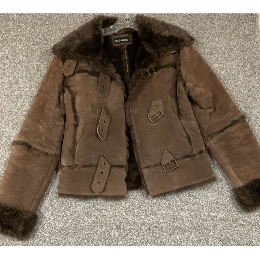 Le Chateau Brown Suede Fur Cuir Leather Open Front Buckle Jacket Motorcycle
